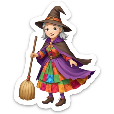 Befana flying on a broomstick: friendly old witch with a warm smile, big nose, rosy cheeks, wearing a colorful patchwork dress and shawl, riding a classic wooden broom. sticker