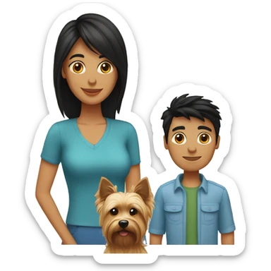 Dad with black hair,mom with black hair,son with blond hair and Yorkshire Terrier dog sticker