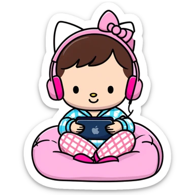 Cute brunette girl lounging on a bean bag with pink head phones on, wearing pink plaid pajama pants and hello kitty slippers and holding a pink iPhone  sticker