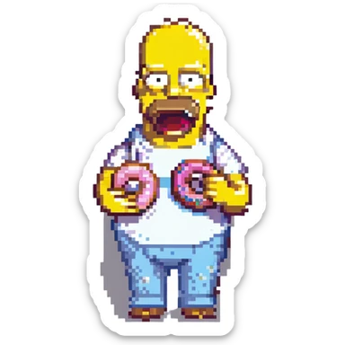 Homer Simpson pixel art style simple features holding a donut sticker