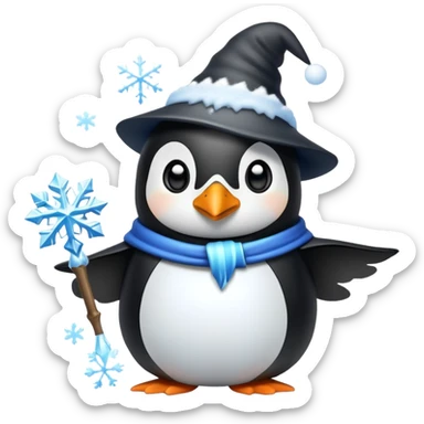 penguin wizard casting an ice spell with snowflakes and frost sticker