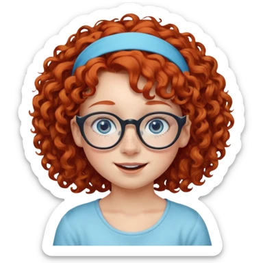 redhead kid with unique face features and very curly hair kid girl happy and big glasess and big nose and very blue eyes and headband with freckles sticker