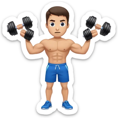 brunette buff man with blue shorts holding dumbbells and shrugging sticker