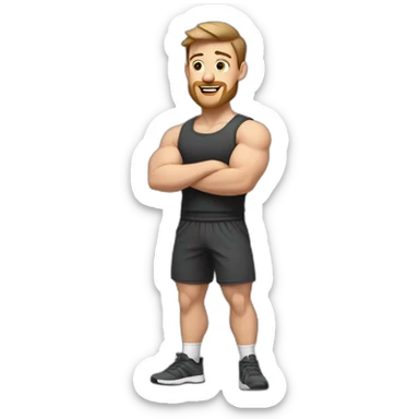 Full height Actively gesturing with hands Pale skinned Fit Man With the biceps and brown hair in dark gray Sleeveless Mike, black oversize sports shorts, watch and white Sneakers sticker