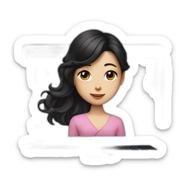 Korean girl in front of macbook, long and wavy black hair sticker