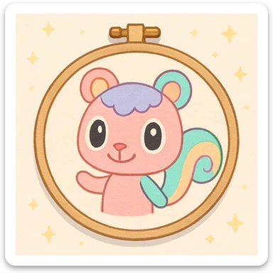 an embroidery frame with a fantasy animal embroidered, Animal Crossing style, pastel palette, charming and friendly sticker