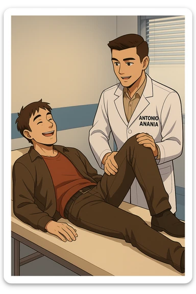 fai un webtoon manga a colori con questo stile, in cui un uomo è steso sul lettino medico e il kinesiologo con il camice bianco (fagli anche la scritta "ANTONIO ANANIA" SUL CAMICE, gli solleva una gamba per fargli il test neuromuscolare, IL KINESIOLOGO SPIEGA ALL'UOMO UNA cosa mentre gli alza la gamba. l'espressione dell'uomo è felice e soddisfatta, non fare i fumetti però, fai solo in modo che sembri stiano parlando, il lettino fai in modo che si veda tutto intero sticker