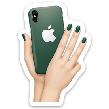 female hand with nude manicure (5 fingers) holding a white iPhone in a dark green case, minimalism, clean background, emoji style sticker