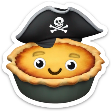 Pot pie with a cartoon face and a pirate hat, eye patch, and peg leg  sticker