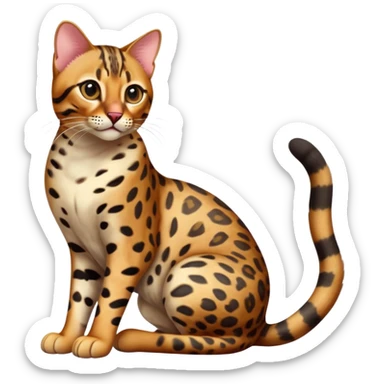cinematic-[Bengal cat]-realistic-full-body-sitting-emoji,-tail-curled-playfully-around-its-paws,-head-tilted-dramatically,-sleek-[leopard patterned]-fur,-simplified-yet-hilariously-adorable-features,-highly-detailed,-glowing-with-an-almost-sarcastic-glow sticker