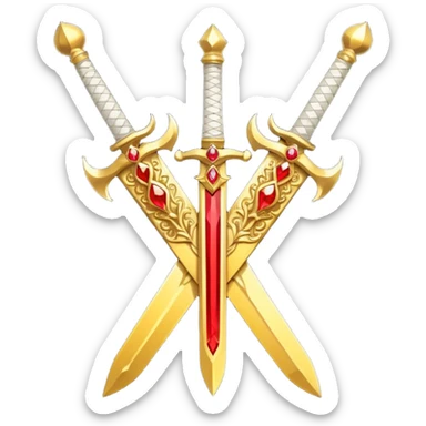 Two crossed swords that are golden in blade and handle and have fiery and royal appearence to them as well as red gem stones yellow in color sticker