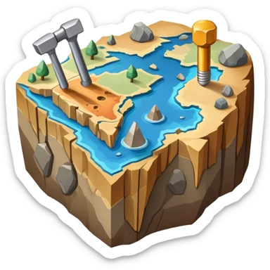 An icon featuring a rock hammer, a geological map, and layers of Earth’s crust, symbolizing geology. The design includes mineral samples, fossils, and tectonic plates, representing the study of Earth’s structure and natural processes. Transparent background highlights geological exploration sticker