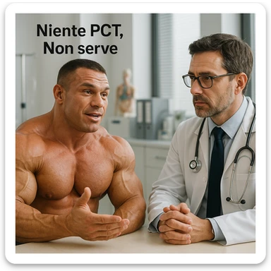 bodybuilder che dice ad una dottore "Niente PCT, Non serve", iper realistica sticker