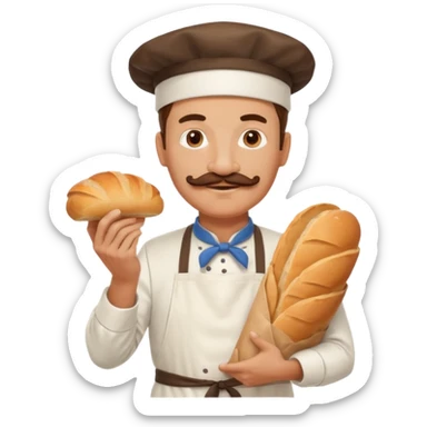 Middle aged male pastry chef - with a mustache, apron, white hat, holding a bag of bread sticker
