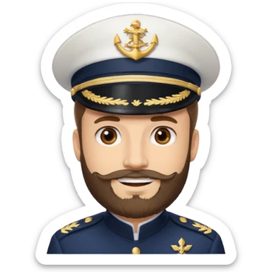 A light-skinned man with brown eyes and a beard, smiling while wearing a white captain’s hat with a navy emblem. sticker