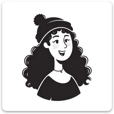 woman with dark curly hair and a beanie sticker