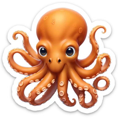 Cinematic Comical smirking Octopus Portrait Emoji, Head tilted dramatically with an exaggeratedly amused expression, featuring a rotund, light orange body festooned with bold blue rings and eight wildly expressive arms with comically animated suckers, Simplified yet hilariously expressive features, highly detailed, glowing with a slightly sassy underwater glow, high shine, dramatic yet playful, stylized with an air of quirky marine mischief, soft glowing outline, capturing the essence of a meme-worthy octopus that looks ready to squirt its way into viral fame! sticker