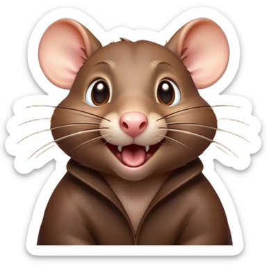 Cinematic Comical Brown Rat Portrait Emoji, Head tilted dramatically with an exaggeratedly amused expression, featuring a striking glossy brown coat with comically large whiskers and wide, expressive eyes filled with playful disbelief, Simplified yet hilariously expressive features, highly detailed, glowing with a slightly sassy glow, high shine, dramatic yet playful, stylized with an air of cheeky urban mischief, soft glowing outline, capturing the essence of a spirited and over-the-top rat that looks ready to scamper its way into internet fame instantly! sticker