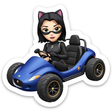 full size real-appearance road glowing racing sexy buxom CatWoman’s feminine midnight-colored tight outfit sixty’s tv show dark stealthy accurate sporty safe plush deluxe off-road pursuit drifting car jaguar (black hair,reclined and relaxed torso and shoulders back against seat) cross kart  sticker
