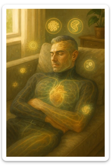 Uomo sdraiato su un divano nel primo pomeriggio, mentre fa un breve riposino. Il suo corpo appare parzialmente trasparente o stilizzato, con luce calda e flussi energetici dorati e verdi che scorrono attraverso muscoli, cervello, e organi. Intorno a lui si vedono piccoli simboli di rigenerazione: cellule che si rinnovano, tessuti che si illuminano, aura rilassata. L'ambiente è calmo e ordinato, luce naturale che entra da una finestra, atmosfera rigenerante, stile realistico con accenti metaforici. sticker