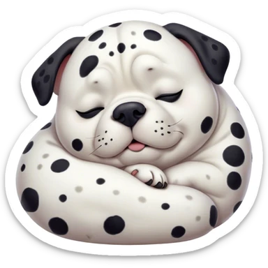 Cinematic Chubby Sleeping Dalmatian Portrait Emoji, Chubby and serene, with a round, plump build and a glossy white coat adorned with distinctive black spots, eyes gently closed in peaceful slumber, Simplified yet irresistibly endearing features, highly detailed, glowing with a gentle, dreamy glow, high shine, relaxed and content, stylized with a touch of whimsy, bright and heartwarming, soft glowing outline, capturing the essence of a blissfully sleepy companion, so comically serene it feels like it could roll out of the screen and snore with adorable charm! sticker