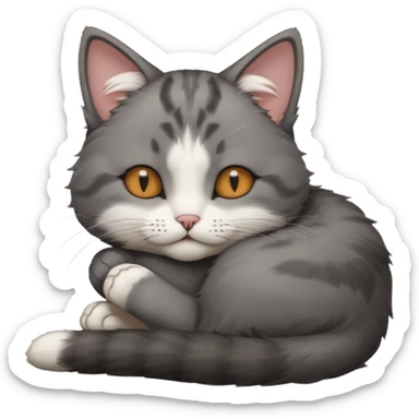 dark grey and white small cat with his eyes closed leaning his head on his paw while lying down sticker