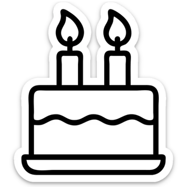 birthday cake with two candle flames flowing to the side, icon style, minimal and modern sticker