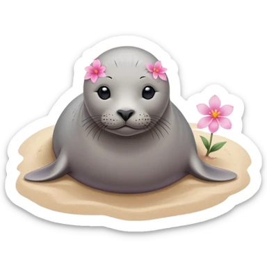 A grey small, slim  seal resting gracefully on a sandy beach, with a delicate pink flower placed on its head.   sticker