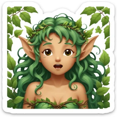 Cinematic Realistic Forest Nymph Fairy Portrait, head tilted slightly with a dramatic, wide-open yawn, revealing a tender, relaxed visage with finely detailed tanned skin and flowing, vine-adorned hair gently framing her face. Her sleepy eyes exude a serene, dreamlike quality as soft natural sunlight filters through the canopy, capturing the essence of a drowsy yet captivating forest nymph drifting into peaceful slumber. sticker