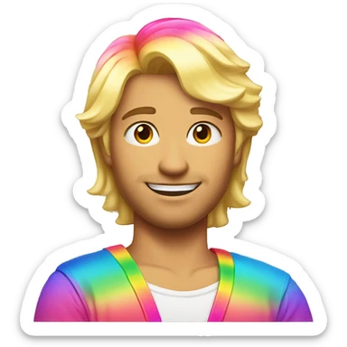 A blond haired shinny feminine man wearing rainbow clothes with a pink streak in their hair sticker