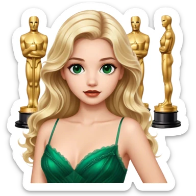 blonde model, brown eyes, long wavy hair, oscars red carpet, emerald green tulle gown sticker