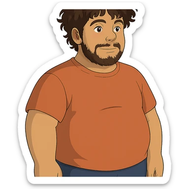 ghibli style tan guy with mid-length brown and black curly hair like LaMelo Ball, beard, chubby build sticker