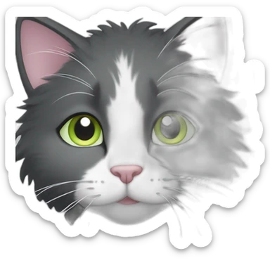 fluffy dark grey cat, short fur, small ears, pink nose, light green eyes, white long whiskers, white spots near the nose, white breast, the cat's fur is soft. sticker
