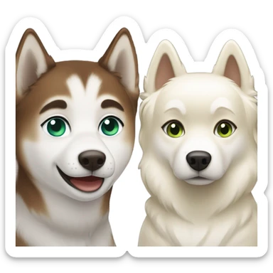 White Woman hair brown and bleus eyes and golden Husky With green eyes sticker