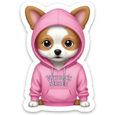 small dog wearing Victoria's Secret pink hoodie with logo sticker