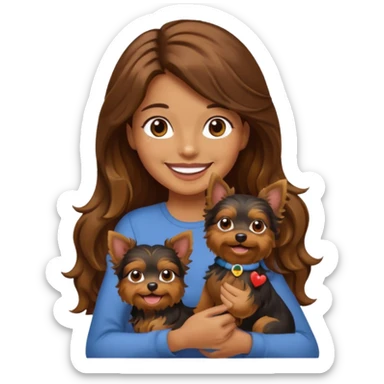 a woman with long wavy brown hair holding a Yorkshire Terrier, emoji style sticker