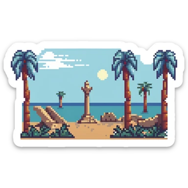pixel art of the ancient ruins of Carthage with palm trees sticker