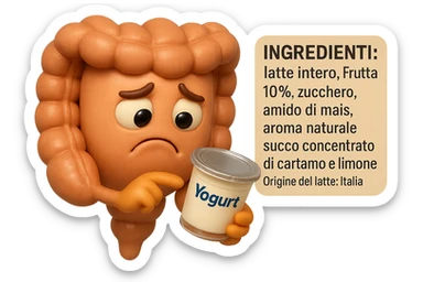 SU QUESTO STILE FAI UN EMOJI STILE IPHONE 3D DI UN INTESTINO CHE HA IN MANO UN BARATTOLO DI YOGURT CONFEZIONATO DA SUPERMERCATO E LEGGE L'ETICHETTA NUTRIZIONALE CON GLI INGREDIENTI IN ITALIANO, ACCANTO ALLO YOGURT CHE HA IN MANO C'è UN FOCUS SULL'ETICHETTA CON GLI INGREDIENTI SCRITTI, FAGLI UN ESPRESSIONE CONFUSA MENTRE LEGGE E FALLO MOLTO REALISTICO IN 3D sticker