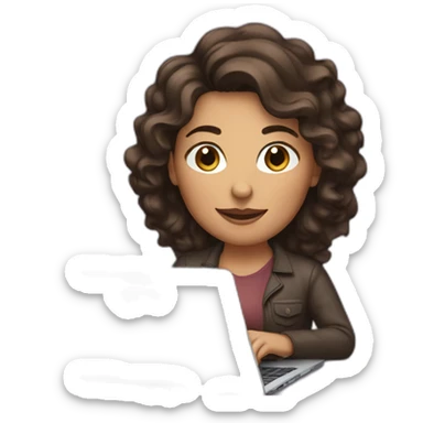woman with wavy dark brown hair, typing on a laptop sticker