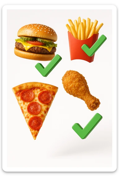 fast food realistico fluttua in aria insieme a spunte di verificato in 3d, sfondo bianco sticker