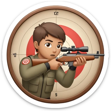 A focused shooter aiming a rifle at a target, standing in a shooting range with perfect posture. The target is in clear view, and the atmosphere is intense and precise, emphasizing concentration, accuracy, and discipline in the sport of shooting. sticker