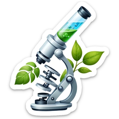 An icon featuring a DNA helix, a microscope, and a plant leaf, symbolizing biology. The design includes animal cells, a test tube, and a globe, representing the study of life forms, ecosystems, and genetics. Transparent background highlights the exploration of living organisms. sticker