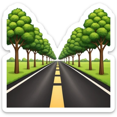 A long horizontal road (without lines) with trees and bushes on the sides and behind sticker