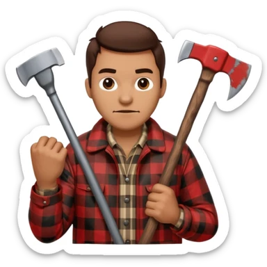 Man wearing buffalo plaid jacket with an axe sticker