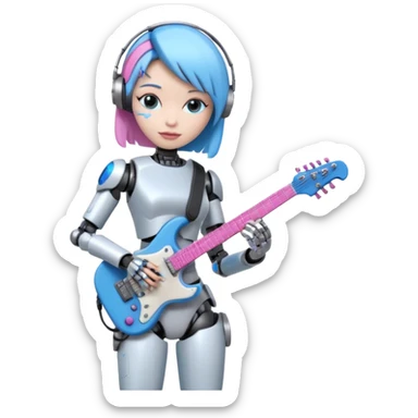 a cyper robot carry her note and electric guitar and try to change the world with pink and bluecolor sticker