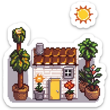 dream life as a pixel art scene with a small home, garden, and sun sticker