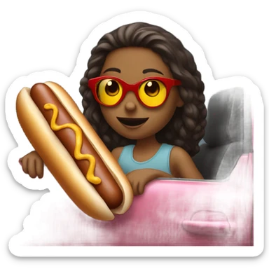 girl in sunglasses by car eating hot dog sticker