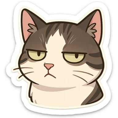 A cat head with an impatient expression, eyes looking to the left and frowning sticker
