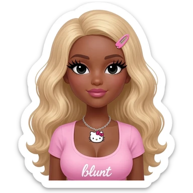 Long giant lashes, my melody hairclip, Doll faced shaped, hello kitty necklace, bimbo, black doll eyes, barbie, dark brown skin with long curly blonde hair, light pink bimbo shirt says "blunt" , big breast sticker