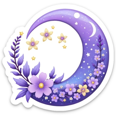 Beautiful poetic ethereal romantic aesthetic sparkly glittery shiny pretty floating pastel lilac lavender Violet crescent-moon and flowers and leaves and feathers and sparkles and stars aesthetic deco sticker